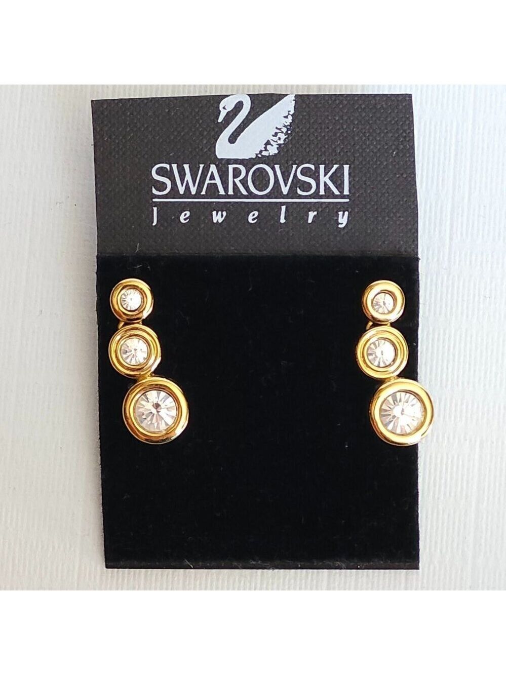VINTAGE SIGNED SWAROVSKI 3 Stone Gold tone Rhinestone Drop Pierced Earrings NEW